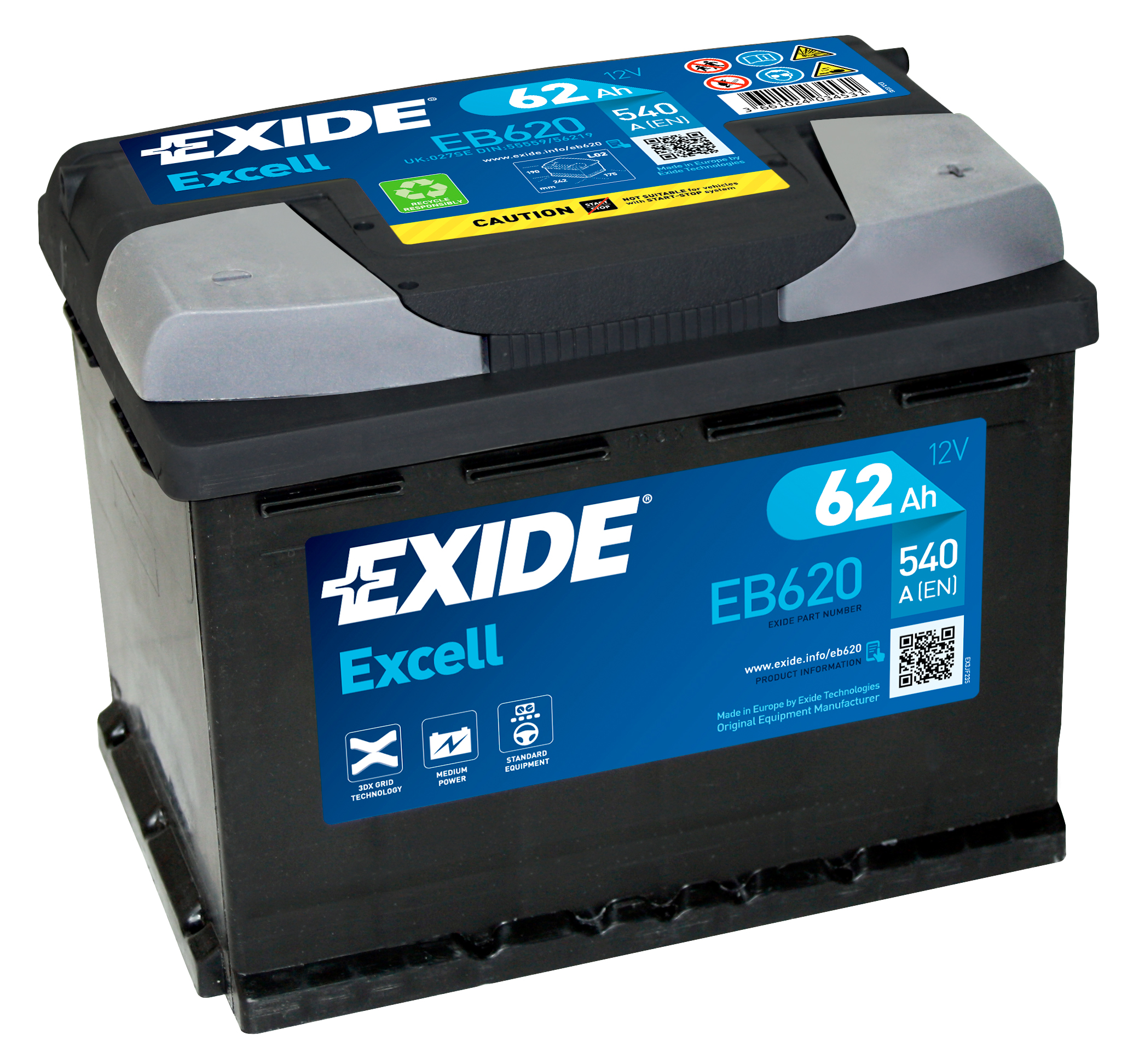 Аккумулятор EXIDE автомобильный EXCELL 62Ah 540A (EN) Кислотный EXIDE EB620